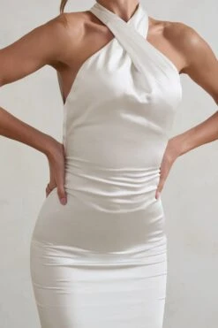 Unstoppable | White Satin Cross Over Halter Neck Maxi Dress -ENY Clothing Shop WB CL126739 UnstoppableWhiteSatinCrossOverHalterNeckMaxiDress4