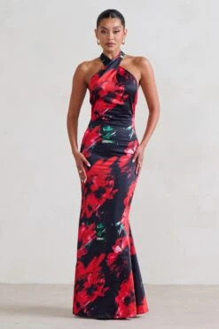 Unstoppable | Black Floral Cross Over Halter Neck Maxi Dress -ENY Clothing Shop WB CL126739 Unstoppable BlackFloralCrossOverHalterNeckMaxiDress2