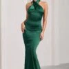 Unstoppable | Bottle Green Satin Cross Over Halterneck Maxi Dress
