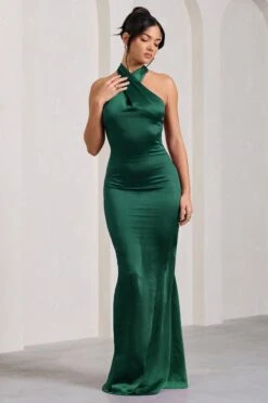 Unstoppable | Bottle Green Satin Cross Over Halterneck Maxi Dress -ENY Clothing Shop WB CL126739 Unstoppable BottleGreenSatinCrossOverHalterneckMaxiDress2