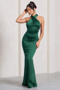 Unstoppable | Bottle Green Satin Cross Over Halterneck Maxi Dress -ENY Clothing Shop WB CL126739 Unstoppable BottleGreenSatinCrossOverHalterneckMaxiDress3