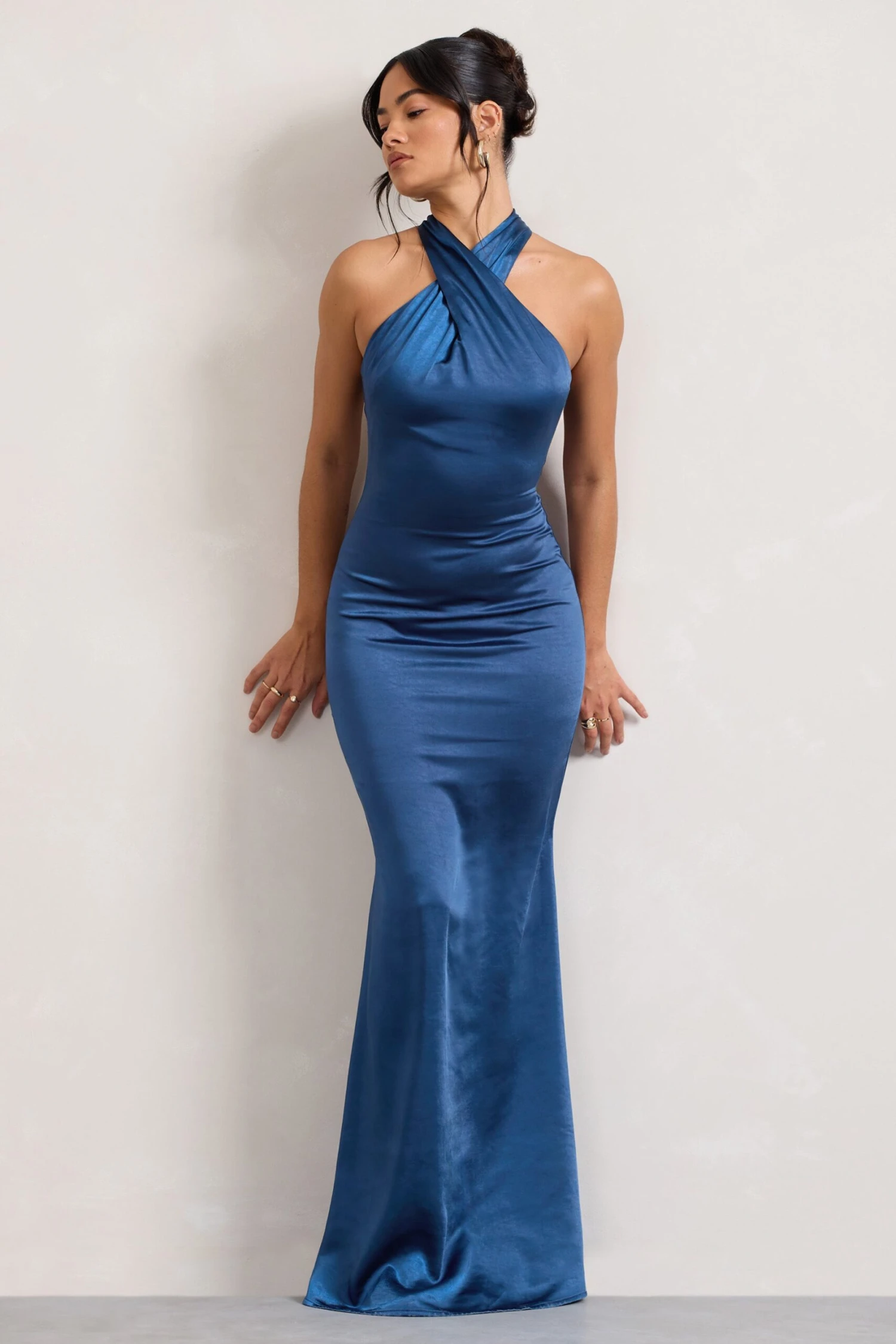 Unstoppable | Navy Satin Cross Over Halterneck Maxi Dress 3 Unstoppable | Navy Satin Cross Over Halterneck Maxi Dress