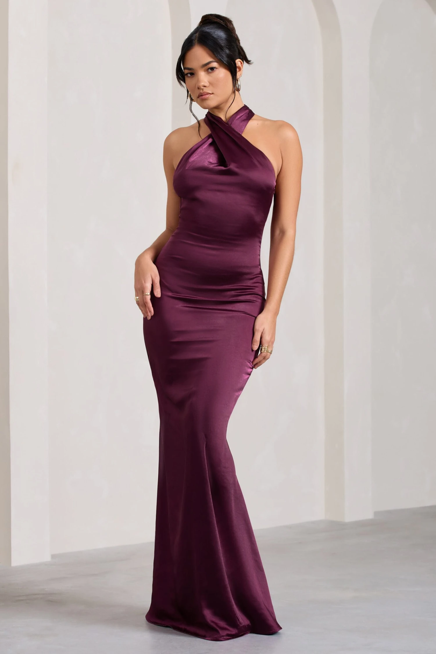 Unstoppable | Burgundy Satin Cross Over Halterneck Maxi Dress 3 Unstoppable | Burgundy Satin Cross Over Halterneck Maxi Dress