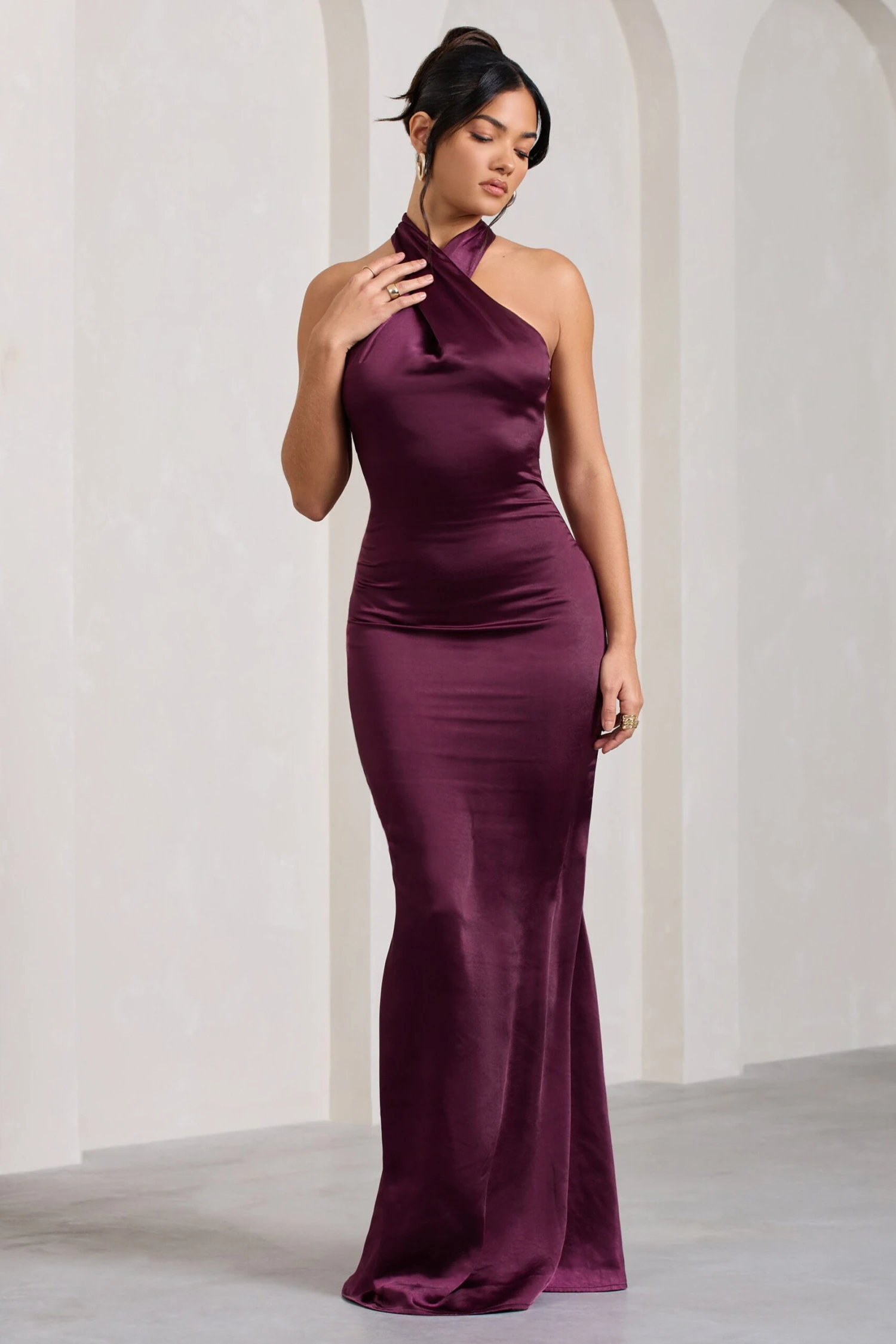 Unstoppable | Burgundy Satin Cross Over Halterneck Maxi Dress 8 Unstoppable | Burgundy Satin Cross Over Halterneck Maxi Dress - Image 6