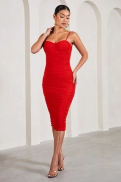 Love Tapes | Red Corset Mesh Midi Dress -ENY Clothing Shop WB CL126742004 LoveTapesRedCorsetMeshMidiDress1