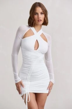 Eyes On You | White Long Sleeve Halter Neck Mini Dress -ENY Clothing Shop WB CL126751005 EyesOnYouWhiteLongSleeveHalterNeckMiniDress2