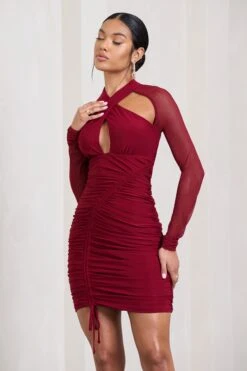 Eyes On You | Berry Long Sleeve Halter Neck Mini Dress -ENY Clothing Shop WB CL126751158 EyesOnYouBerryLongSleeveHalterNeckMiniDress4