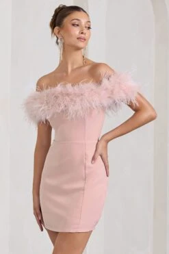 Pure Delight | Pink Bardot Feather Mini Dress -ENY Clothing Shop WB CL127039030 PureDelightNudeBardotFeatherMiniDress1