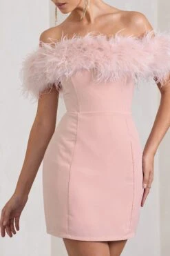 Pure Delight | Pink Bardot Feather Mini Dress -ENY Clothing Shop WB CL127039030 PureDelightNudeBardotFeatherMiniDress3