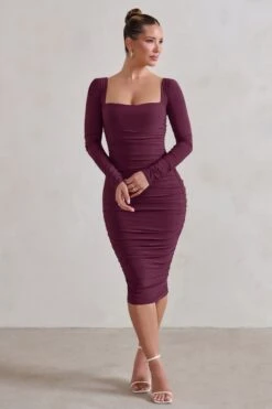 Seductress | Burgundy Square Neck Bodycon Midi Dress With Long Sleeves -ENY Clothing Shop WB CL127075158 Seductress BurgundySquareNeckBodyconMidiDressWithLongSleeves0