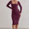 Seductress | Burgundy Square Neck Bodycon Midi Dress With Long Sleeves