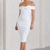 Gratitude | White Off The Shoulder Ruched Midi Dress -ENY Clothing Shop WB CL127088005 GratitudeWhiteOffShoulderRuchedMidiDress0