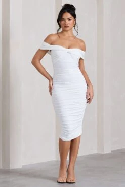 Gratitude | White Off The Shoulder Ruched Midi Dress -ENY Clothing Shop WB CL127088005 GratitudeWhiteOffShoulderRuchedMidiDress2