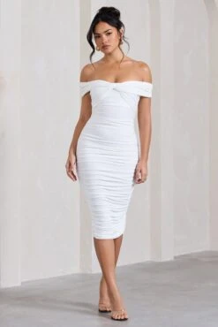 Gratitude | White Off The Shoulder Ruched Midi Dress -ENY Clothing Shop WB CL127088005 GratitudeWhiteOffShoulderRuchedMidiDress3