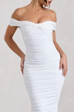 Gratitude | White Off The Shoulder Ruched Midi Dress -ENY Clothing Shop WB CL127088005 GratitudeWhiteOffShoulderRuchedMidiDress4