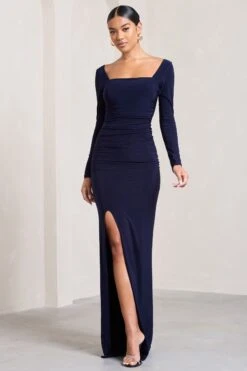 My Pleasure | Navy Square Neck Ruched Maxi Dress -ENY Clothing Shop WB CL127114015 MyPleasureNavySquareNeckRuchedMaxiDress1