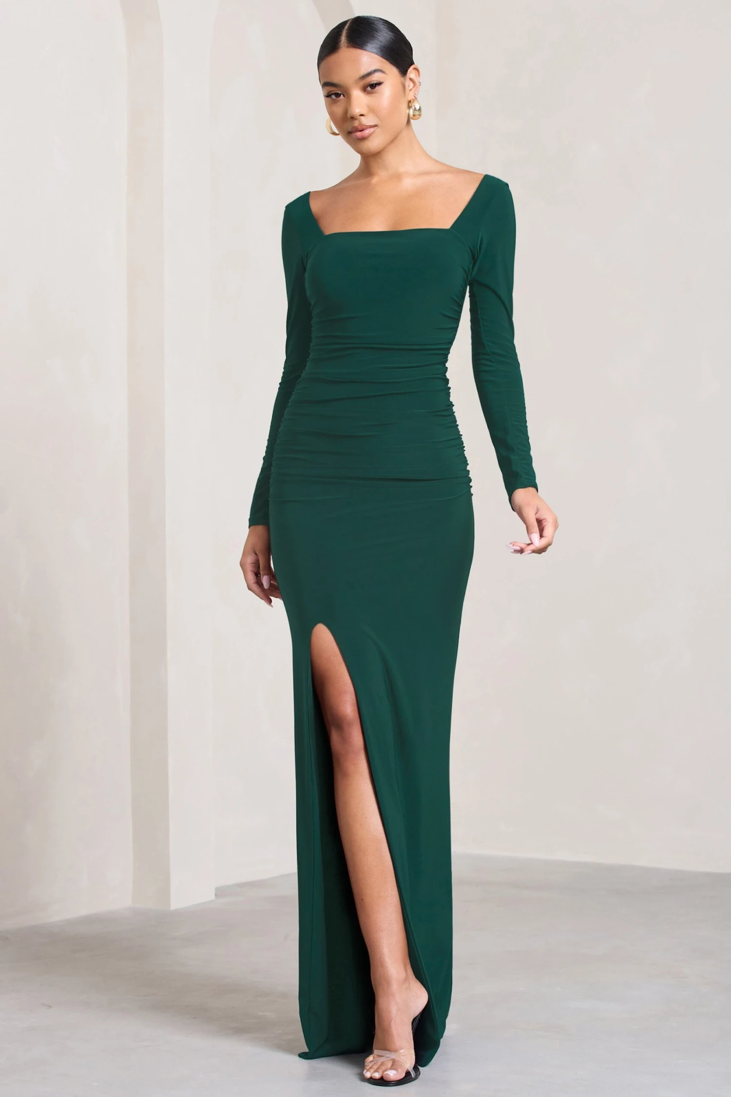 My Pleasure | Bottle Green Square Neck Ruched Maxi Dress 3 My Pleasure | Bottle Green Square Neck Ruched Maxi Dress