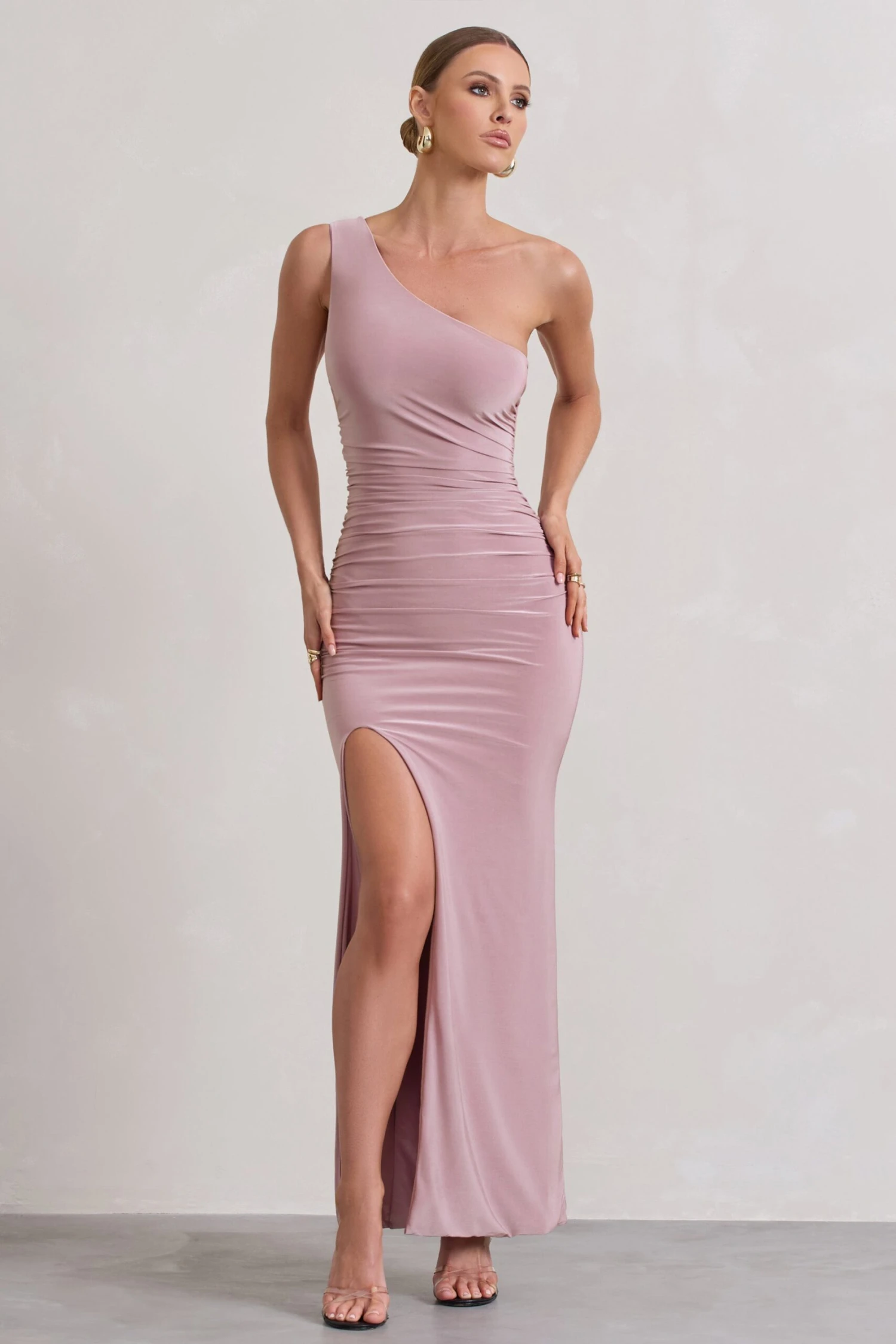Ethereal | Dusky Lilac One Shoulder Ruched Split Maxi Dress 3 Ethereal | Dusky Lilac One Shoulder Ruched Split Maxi Dress