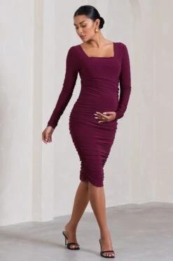 New Life | Burgundy Maternity Square Neck Ruched Midi Dress -ENY Clothing Shop WB CL127156069 NewLifeBurgundyMaternitySquareNeckRuchedMidiDress1