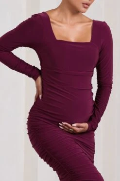 New Life | Burgundy Maternity Square Neck Ruched Midi Dress -ENY Clothing Shop WB CL127156069 NewLifeBurgundyMaternitySquareNeckRuchedMidiDress4