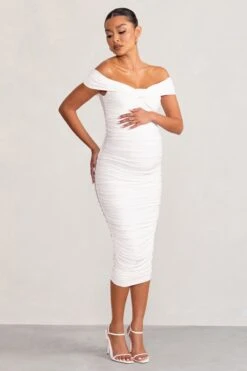 Perfection | White Maternity Bardot Knot Ruched Midi Dress -ENY Clothing Shop WB CL127157 PerfectionWhiteMaternityBardotKnotRuchedMidaxiDress2 8930cf9f 3e9a 44ad 8e76 9873df5ac37b
