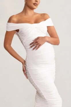 Perfection | White Maternity Bardot Knot Ruched Midi Dress -ENY Clothing Shop WB CL127157 PerfectionWhiteMaternityBardotKnotRuchedMidaxiDress3