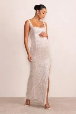 Sparkle Mama | Nude Maternity Sequin Split Hem Maxi Dress
