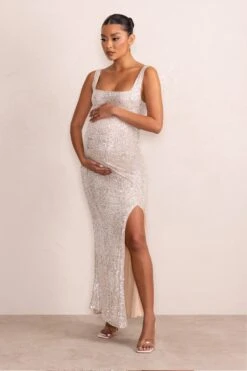 Sparkle Mama | Nude Maternity Sequin Split Hem Maxi Dress -ENY Clothing Shop WB CL127158 SparkleMamaNudeMaternitySequinSplitHemMaxiDress3