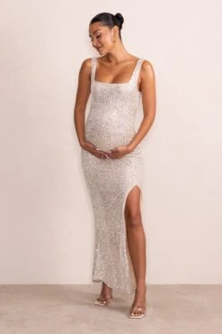 Sparkle Mama | Nude Maternity Sequin Split Hem Maxi Dress -ENY Clothing Shop WB CL127158 SparkleMamaNudeMaternitySequinSplitHemMaxiDress4