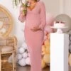 Mum To Be | Pink Maternity Long Sleeve V Neck Maxi Dress -ENY Clothing Shop WB CL127162 Nude Maternity Long Sleeve V Neck Maxi Dress 3