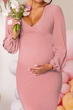 Mum To Be | Pink Maternity Long Sleeve V Neck Maxi Dress -ENY Clothing Shop WB CL127162 Nude1 Maternity Long Sleeve V Neck Maxi Dress 3