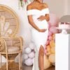 Worth The Wait | Ivory Maternity Ruched Bardot Split Hem Maxi Dress -ENY Clothing Shop WB CL127164 WhiteMaternityRuchedBardotSplitHemMaxiDre 42
