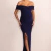 Worth The Wait | Navy Maternity Ruched Bardot Split Hem Maxi Dress 2 Worth The Wait | Navy Maternity Ruched Bardot Split Hem Maxi Dress -ENY Clothing Shop WB CL127164 WorthTheWaitNavyMaternityRuchedBardotSplitHemMaxiDress0