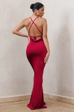 In My Feelings | Cherry Red Cowl Neck Split Maxi Dress