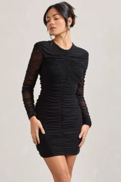 Euphoria | Black Ruched Long Sleeve Mini Dress -ENY Clothing Shop WB CL127184002 Euphoria BlackRuchedLongSleeveMiniDress1