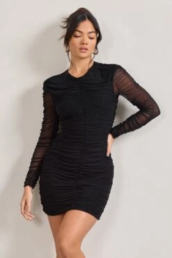 Euphoria | Black Ruched Long Sleeve Mini Dress -ENY Clothing Shop WB CL127184002 Euphoria BlackRuchedLongSleeveMiniDress2