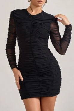 Euphoria | Black Ruched Long Sleeve Mini Dress -ENY Clothing Shop WB CL127184002 Euphoria BlackRuchedLongSleeveMiniDress5