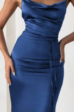 Lifetime | Navy Satin Cowl Neck Maxi Dress With Cross Back Detail -ENY Clothing Shop WB CL127192 LifetimeNavySatinCowlNeckMaxiDressWithCrossBackDetail Detail