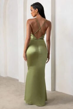 Lifetime | Olive Satin Cowl Neck Maxi Dress With Cross Back Detail 7 Lifetime | Olive Satin Cowl Neck Maxi Dress With Cross Back Detail -ENY Clothing Shop WB CL127192 LifetimeOliveSatinCowlNeckMaxiDressWithCrossBackDetail4