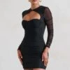 Daiquiri | Black Ruched Cut Out Mesh Mini Dress With Long Sleeves -ENY Clothing Shop WB CL127288 Daiquiri BlackRuchedCutOutMeshMiniDressWithLongSleeves1