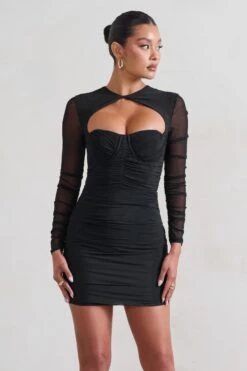 Daiquiri | Black Ruched Cut Out Mesh Mini Dress With Long Sleeves -ENY Clothing Shop WB CL127288 Daiquiri BlackRuchedCutOutMeshMiniDressWithLongSleeves2