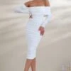 Riga | White Bardot Ruched Midi Dress With Long Sleeves -ENY Clothing Shop WB CL127320 RigaWhiteBardotDetailRuchedMidiDress4