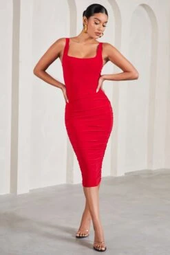 Lisbon | Red Square Neck Ruched Midi Dress -ENY Clothing Shop WB CL127326004 LisbonRedSquareNeckRuchedMidiDress3