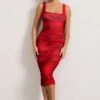 Lisbon | Red Rose Print Square Neck Ruched Midi Dress -ENY Clothing Shop WB CL127326100 LisbonRedRosePrintSquareNeckRuchedMidiDress0