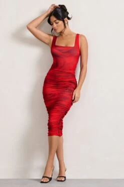 Lisbon | Red Rose Print Square Neck Ruched Midi Dress -ENY Clothing Shop WB CL127326100 LisbonRedRosePrintSquareNeckRuchedMidiDress3