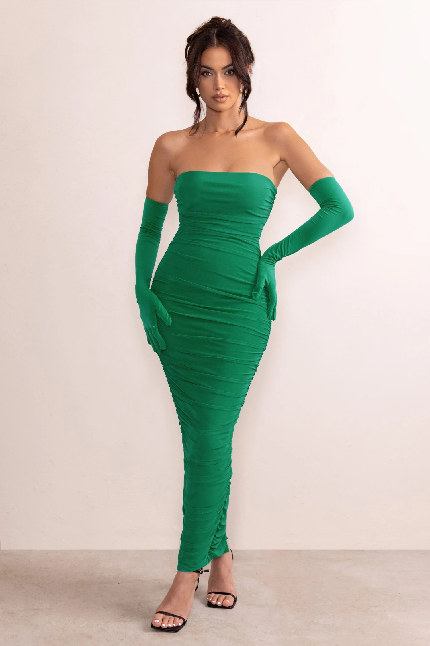 My Lady | Emerald Green Strapless Bodycon Ruched Mesh Maxi Dress 6 My Lady | Emerald Green Strapless Bodycon Ruched Mesh Maxi Dress - Image 4