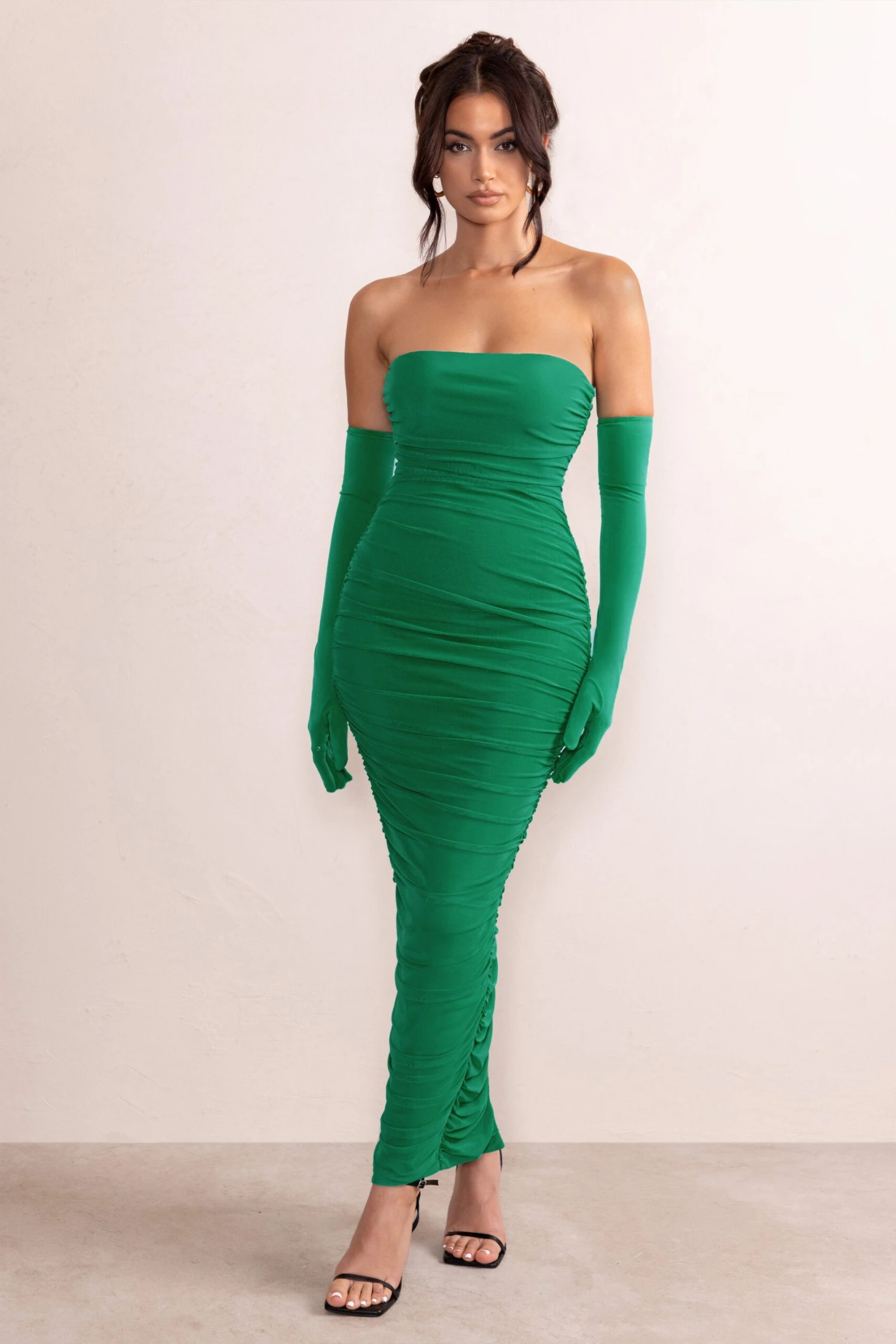 My Lady | Emerald Green Strapless Bodycon Ruched Mesh Maxi Dress 7 My Lady | Emerald Green Strapless Bodycon Ruched Mesh Maxi Dress - Image 5