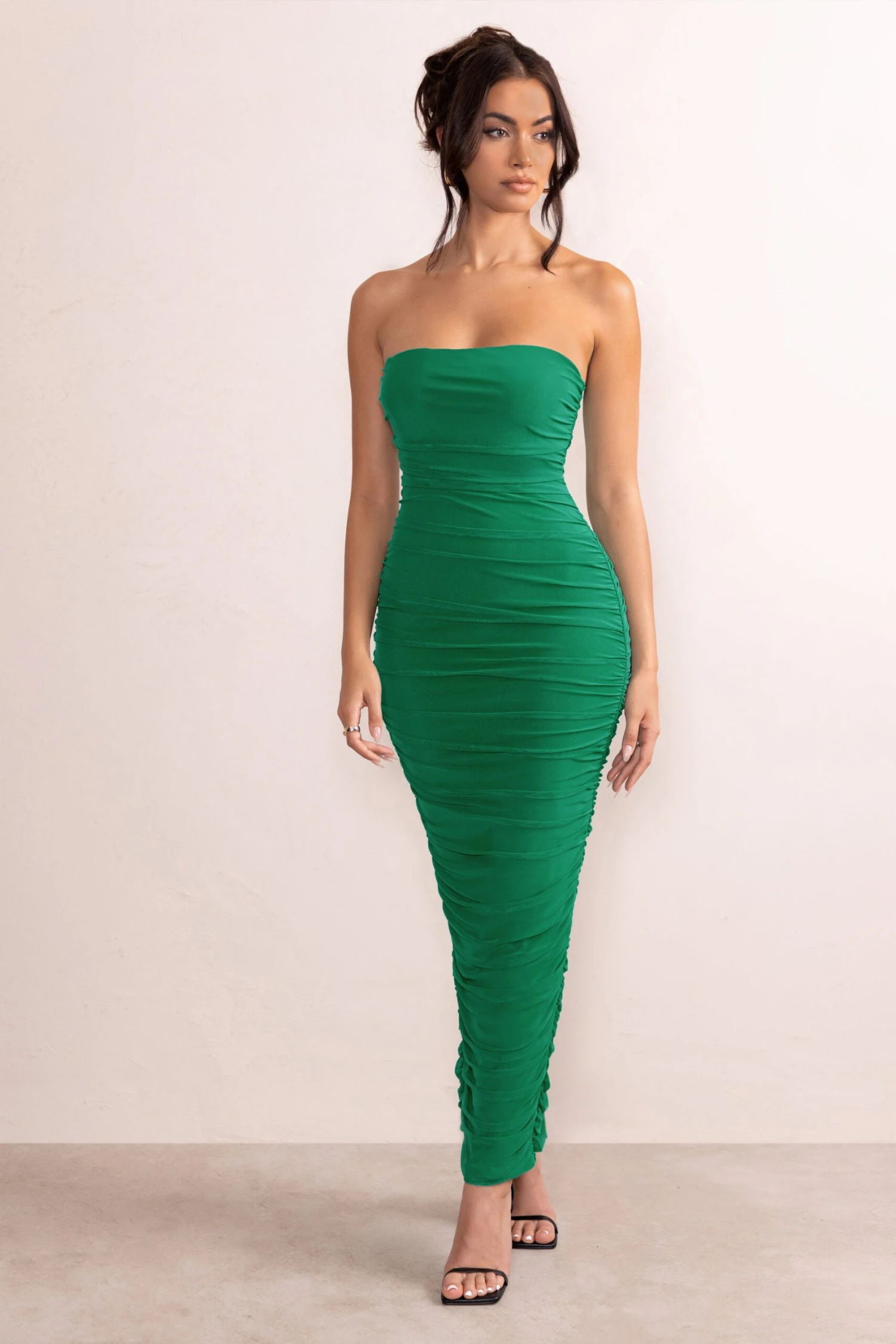 My Lady | Emerald Green Strapless Bodycon Ruched Mesh Maxi Dress 8 My Lady | Emerald Green Strapless Bodycon Ruched Mesh Maxi Dress - Image 6