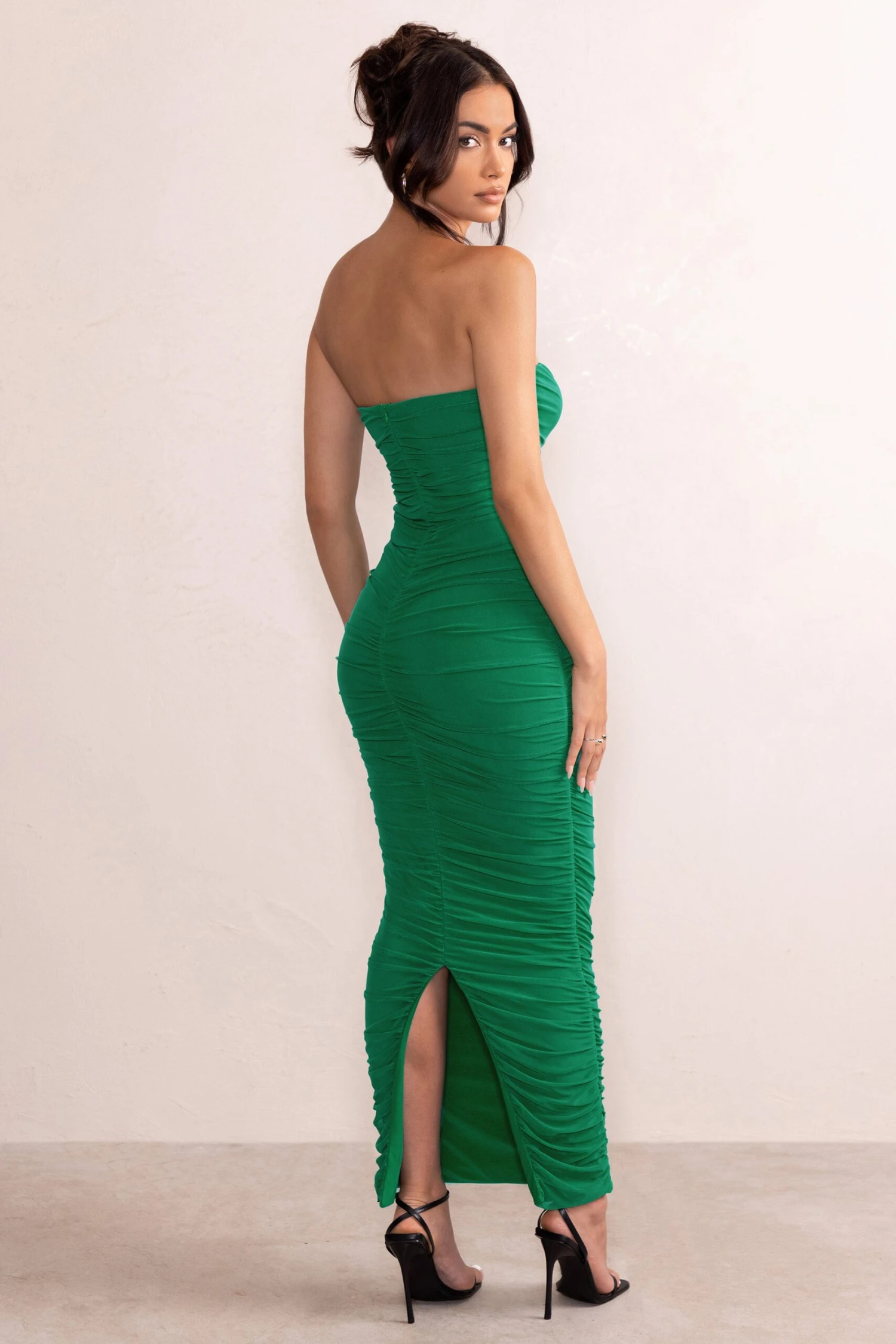 My Lady | Emerald Green Strapless Bodycon Ruched Mesh Maxi Dress 4 My Lady | Emerald Green Strapless Bodycon Ruched Mesh Maxi Dress - Image 2