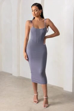 Charming | Dove Grey Square Neck Corset Midi Dress